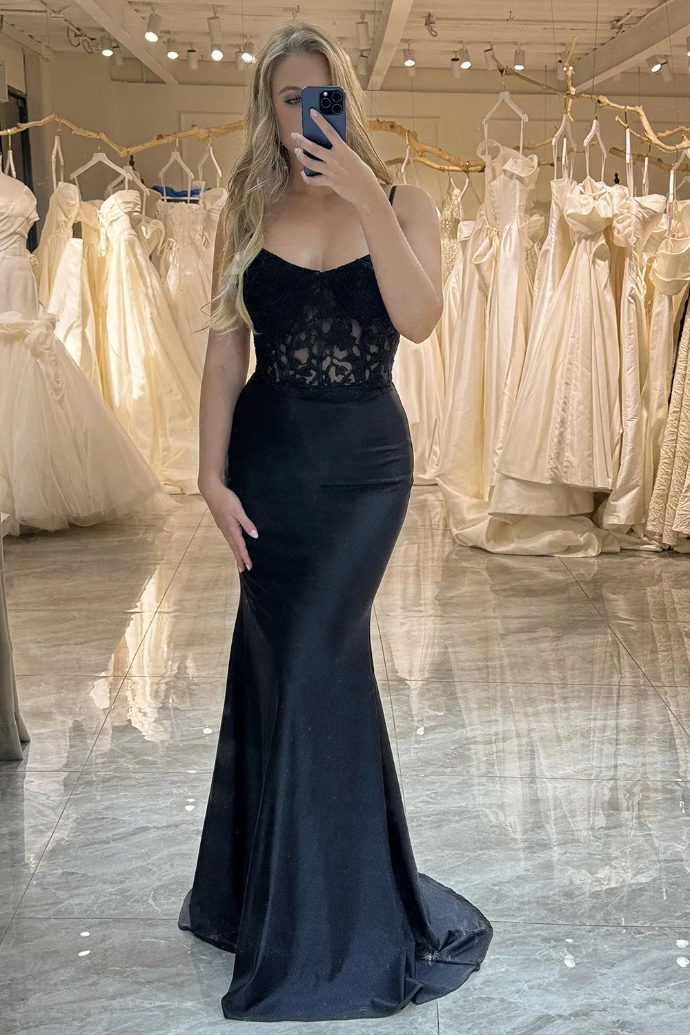 Wholesale Black Mermaid Spaghetti Straps Lace Up Long Satin Prom Dress prom clothing