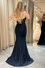 Wholesale Black Mermaid Spaghetti Straps Lace Up Long Satin Prom Dress prom clothing