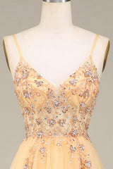 Charming A Line Spaghetti Straps Golden Long Prom Dress with Beading