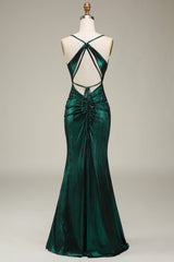 Hot Mermaid Spaghetti Straps Dark Green Long Prom Dress with Open Back