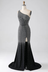 Wholesale Black Sparkly Mermaid One Shoulder Keyhole Back Long Beaded Prom Dress prom dresses shops