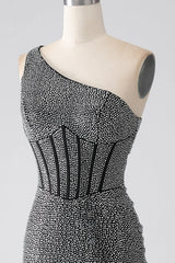 Wholesale Black Sparkly Mermaid One Shoulder Keyhole Back Long Beaded Prom Dress prom dresses shops