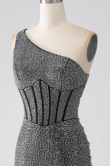 Sparkly Black Mermaid One Shoulder Corset Prom Dress