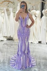 Wholesale Sparkly Stylish Mermaid V-Neck Long Prom Dress With Sequins prom dresses with long sleeves