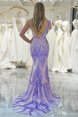 Wholesale Sparkly Stylish Mermaid V-Neck Long Prom Dress With Sequins prom dresses with long sleeves