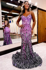 Wholesale Purple Sparkly Stylish Mermaid Backless Long Corset Prom Dress prom dresses with long sleeves