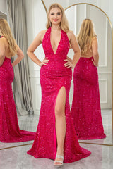 Wholesale Sparkly Sequin Fuchsia Mermaid Halter Backless Long Prom Dress With Slit prom dresses shops
