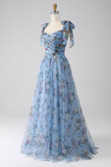 A-Line Lavender Printed Adjustable Straps Long Prom Dress