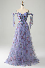 Blue A-Line Printed Adjustable Straps Long Prom Dress