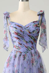 Lavender Floral Print Tulle Prom Dress with Pleated