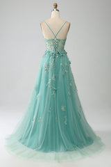 Green A-Line Spaghetti Straps Long Corset Prom Dress with Appliques