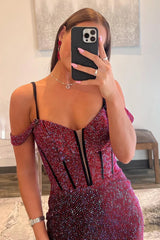 Wholesale Luxurious Burgundy Mermaid Off The Shoulder Long Corset Beaded Prom Dress prom dresses with long sleeves