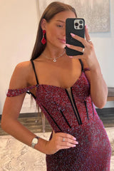 Wholesale Luxurious Burgundy Mermaid Off The Shoulder Long Corset Beaded Prom Dress prom dresses with long sleeves