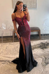 Wholesale Luxurious Burgundy Mermaid Off The Shoulder Long Corset Beaded Prom Dress prom dresses with long sleeves