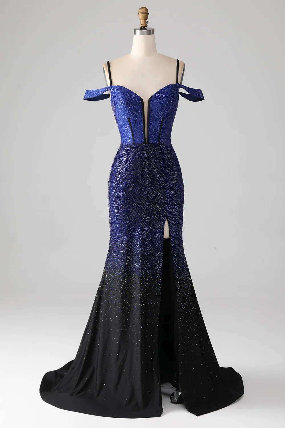 Wholesale Luxurious Navy Mermaid Off The Shoulder Long Corset Beaded Prom Dress prom dresses with long sleeves