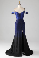 Wholesale Luxurious Navy Mermaid Off The Shoulder Long Corset Beaded Prom Dress prom dresses with long sleeves