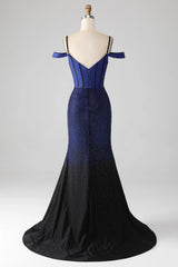 Wholesale Luxurious Navy Mermaid Off The Shoulder Long Corset Beaded Prom Dress prom dresses with long sleeves