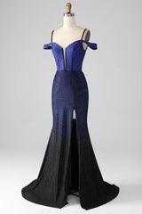 Wholesale Luxurious Navy Mermaid Off The Shoulder Long Corset Beaded Prom Dress prom dresses with long sleeves