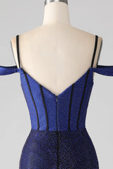 Wholesale Luxurious Navy Mermaid Off The Shoulder Long Corset Beaded Prom Dress prom dresses with long sleeves