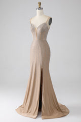 Sparkly Champagne Mermaid Spaghetti Straps Long Prom Dress with Slit
