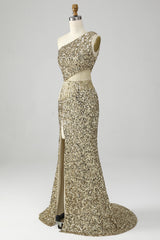Golden One Shoulder Fringe Sequin Prom Dress With Slit