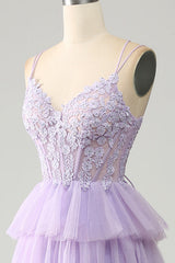Lilac Tulle Tiered Princess Corset Prom Dress with Appliques