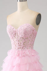Pink A-Line Strapless Tiered Long Corset Prom Dress