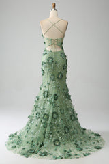 Mermaid Spaghetti Straps Green Corset Prom Dress with Appliques