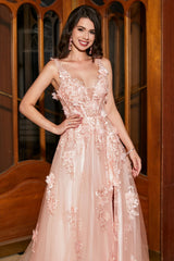 A-Line Spaghetti Straps Blush Long Prom Dress with Appliques