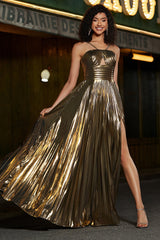 Hot Pink A-Line Spaghetti Straps Pleated Sparkly Prom Dress with Slit