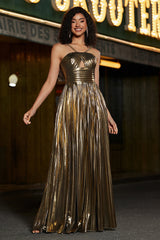 Golden A-Line Spaghetti Straps Pleated Sparkly Prom Dress with Slit