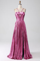 Fuchsia A-Line Spaghetti Straps Pleated Prom Dress with Slit