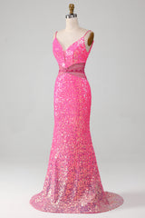 Hot Pink Spaghetti Straps Glitter Mermaid Prom Dress with Beading Waist