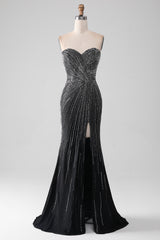 Black Glitter Strapless Mermaid Prom Dress with Slit