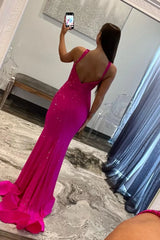 Wholesale Shiny Fuchsia Mermaid Straps Long Corset Beaded Prom Dress prom dresses shops