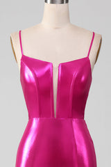 Sparkly Hot Pink Mermaid Simple Prom Dress With Slit