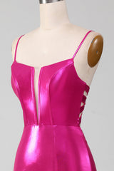 Sparkly Hot Pink Mermaid Simple Prom Dress With Slit
