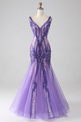 Sparkly Purple Mermaid V Neck Sequins Long Prom Dress