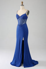 Royal Blue Mermaid Corset Prom Dress with Beading