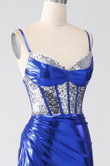Royal Blue Mermaid Sparkly Sequin Pleated Corset Prom Dress With Slit