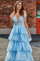 Tiered Tulle Sweetheart Bow Tie Straps Blue Sequin Prom Dress with Appliques