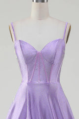Wholesale Lilac Glitter A-Line Spaghetti Straps Long Beaded Prom Dress with Slit prom dresses shops