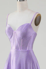 Wholesale Lilac Glitter A-Line Spaghetti Straps Long Beaded Prom Dress with Slit prom dresses shops