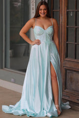 Wholesale Light Green Glitter A-Line Spaghetti Straps Long Beaded Prom Dress with Slit prom dresses shops