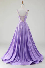 Wholesale Lilac Glitter A-Line Spaghetti Straps Long Beaded Prom Dress with Slit prom dresses shops
