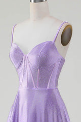 Simple Sparkly Lilac A-Line Side Slit Corset Prom Dresses with Rhinestones