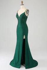 Wholesale Dark Green Glitter Mermaid Open Back Long Corset Beaded Prom Dress prom dresses with long sleeves