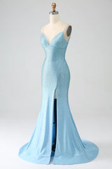 Wholesale Light Blue Glitter Mermaid Open Back Long Corset Beaded Prom Dress prom dresses with long sleeves