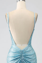 Wholesale Light Blue Glitter Mermaid Open Back Long Corset Beaded Prom Dress prom dresses with long sleeves