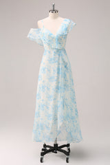 A-Line White Blue Flower Chiffon Bridesmaid Dress with Slit